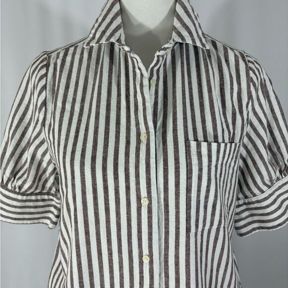 Old Navy Linen Brown and White Striped Shirt Dress - Picture 1 of 8